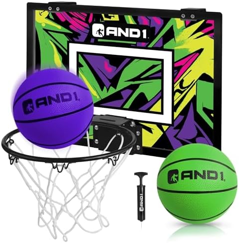 AND1 Over the Door Mini Basketball Hoop: 18x12 Shatterproof Backboard, 2 Mini Basketballs