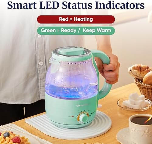 Elite Gourmet 1.2L Glass Kettle, 1200W Fast Boil, Temp Control, Mint