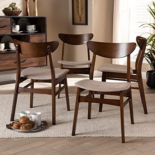 Baxton Studio Parlin Mid-Century Modern Transitional Light Beige Fabric Upholstered and Walnut Brown Finished Wood 4-Piece Dining Chair Set