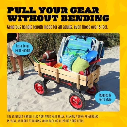Flexible Flyer All-Terrain Wagon for Kids with Steel Bed & Wood Sides, Extra-Long Pull Handle for Adults, Heavy Duty Toy, Garden & Beach Baby Wagon