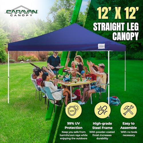 Caravan Canopy 12 by 12 Foot Polyester Straight Steel Leg Instant Pop Up Canopy Tent with Adjustable Height for Outdoor Events, Blue | 150D polyester top with 99 percent UV protection, 3 height settings to 9 ft, steel frame, roller bag and 4 stakes