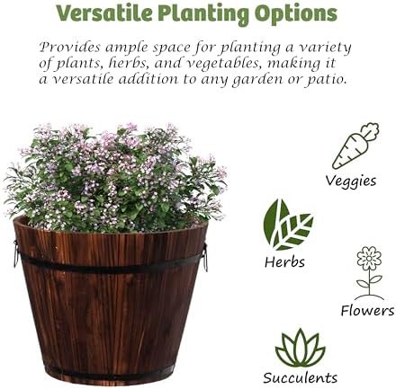 Rustic Wooden Whiskey Barrel Planter with Durable Medal Handles and Drainage Hole - Perfect for Indoor and Outdoor Plants, Herbs, and Vegetables - Medium
