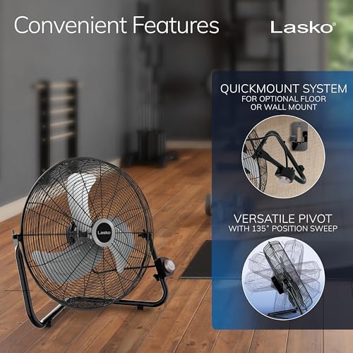 Lasko 20" Black High Velocity Wall Mount Fan with Pivoting Head - 3 Speeds, Ideal Wall Mount Fan or Floor Fans for Home, Garage, Attic, 2264QM