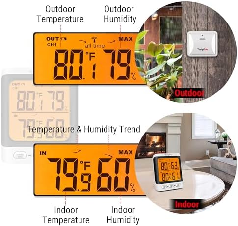 TempPro TempAir 500 FT Indoor Outdoor Thermometer Wireless with Sensor | 3.3" LCD Backlit Display, Front Button