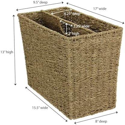 Household Essentials Wicker Magazine Rack, Handwoven Seagrass, Strong Metal Wire Frame, Built-In Handle and Divider, Lightweight, Contemporary, Great for Puzzle Books, Mail and More, Natural
