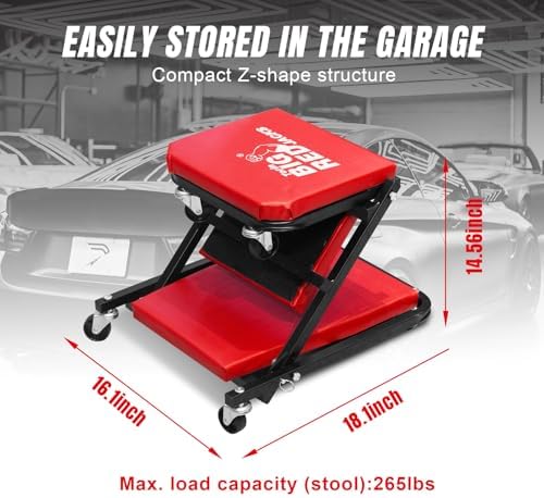 BIG RED TRP6240 Torin Blow Molded Plastic Rolling Garage/Shop Creeper: 40" Mechanic Cart with Padded Headrest, Dual Tool Trays and 6 Casters, Red