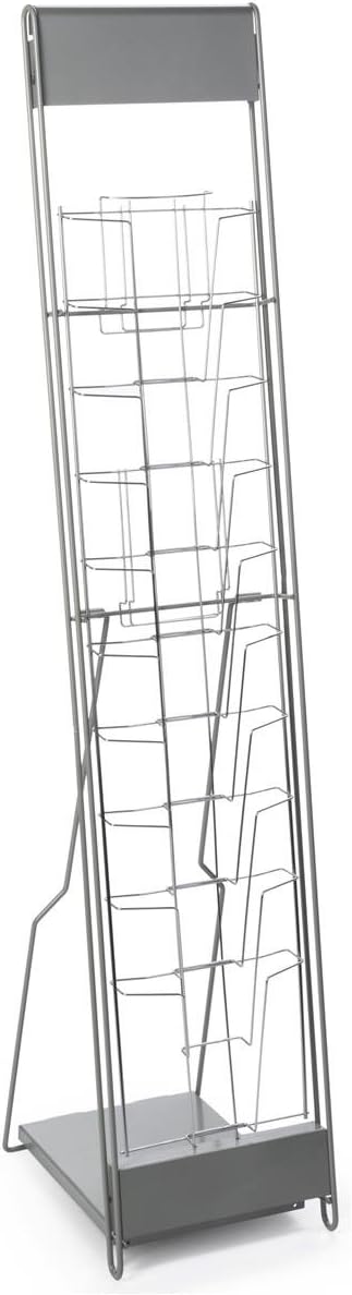 Displays2go Portable Magazine Rack, Black, 54" h Floor-standing | 10 Pockets for 8.5x11 Catalogs, Carry Bag Included, Tiered Design, Steel, NCYBRCHBLK