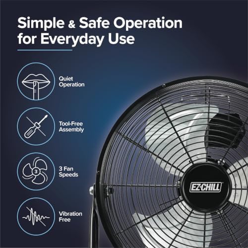 EZ-CHILL 12” Cradle Floor Fan, 3 Speed, High Velocity, 180 Degree Adjustable Tilt, All-Metal, Carry Handle, Rubber Feet, Airflow 15.42 ft/sec, Ideal for Home, Bedroom & Office, Black