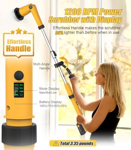 Qimedo Electric Spin Scrubber Q3, 6000mAh, Extra-Large Brush Head, 1200RPM | Floor Scrubber Machine with Long Handle, Cordless Cleaning Brush, 8 Brush Heads and Smart Display for Showers, Tubs and Tile