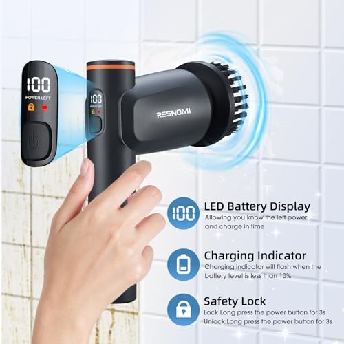 Electric Spin Scrubber, Cordless Shower Scrubber with LCD Display, Upgraded Motor 400/550RPM, 2 Speeds Electric Scrubber with 6 Replaceable Heads