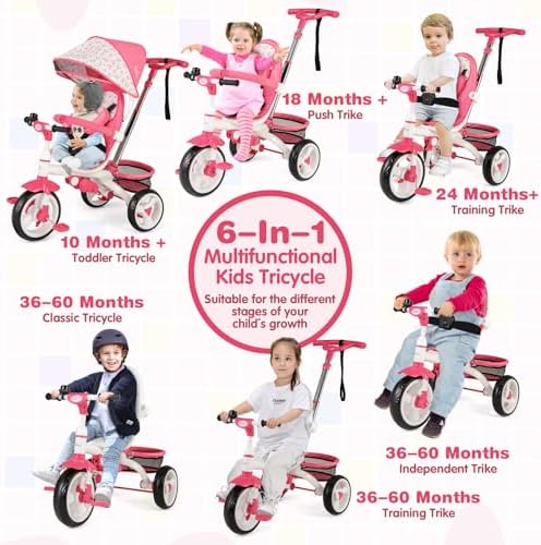 Costzon Tricycle for Toddlers, 6 in 1 Trike w/Parent Handle, Adjustable Canopy, Storage, Safety Harness & Wheel Brakes, Baby Push Tricycle Stroller for Kids Boys Girls Aged 9 Month-5 Years Old, Blue