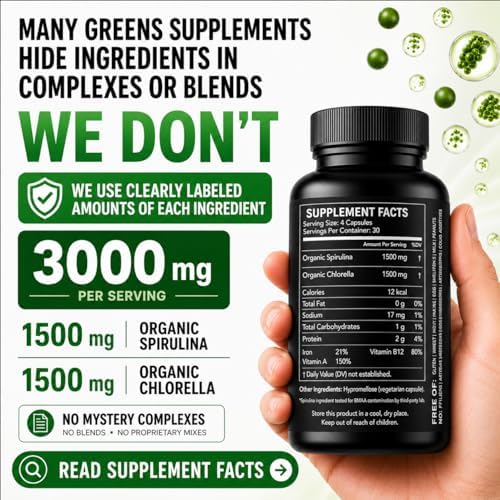 Chlorella Spirulina Powder Capsules 3000 mg of BMAA Free Purest Blue Green Algae - Best Natural Detox Raw Vegan Vitamins Protein Green Superfood