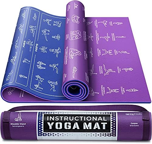 Instructional Yoga Mat with Carrying Strap: Cute Yoga Mat with 75 Illustrated Yoga Poses + 75 Easily-Followed Stretching Exercises - 1/4” Thick