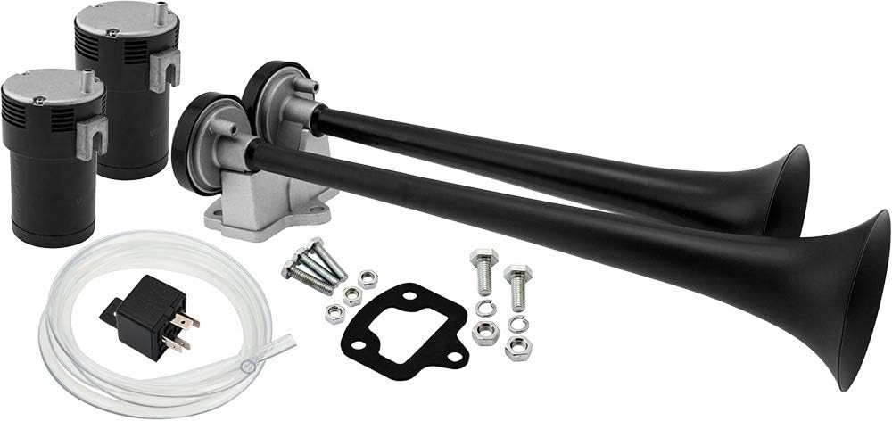 Vixen Horns 2-Trumpet Air Horn Kit with Dual Air Compressors VXH2112B 12V Compact Electric Train Horn Kit, Super Loud dB, Black
