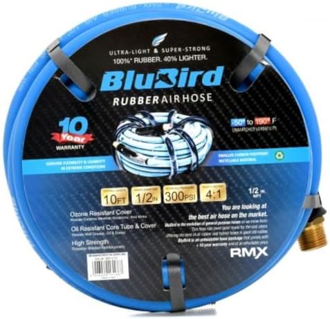 BLUBIRD BB1250 1/2" x 50' Rubber Air Hose, 100% Rubber, Lightest, Strongest, Most Flexible, 300 PSI, 50F to 190F Degrees, Ozone Resistant, High Strength Polyester Braided