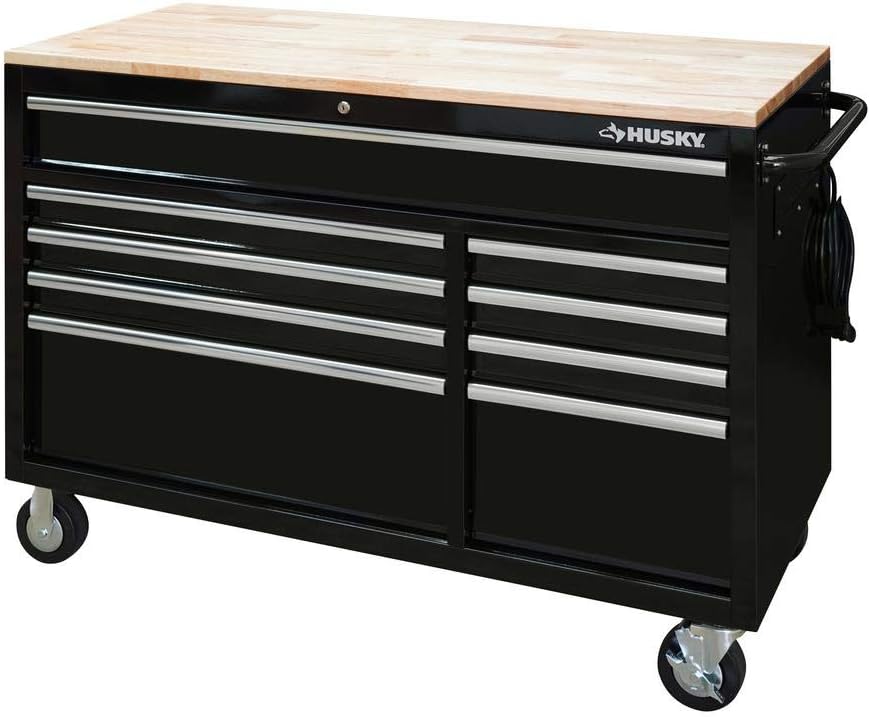 HuskyTools Husky 52 in. x 24.5 in. D 9-Drawer Mobile Workbench in Black