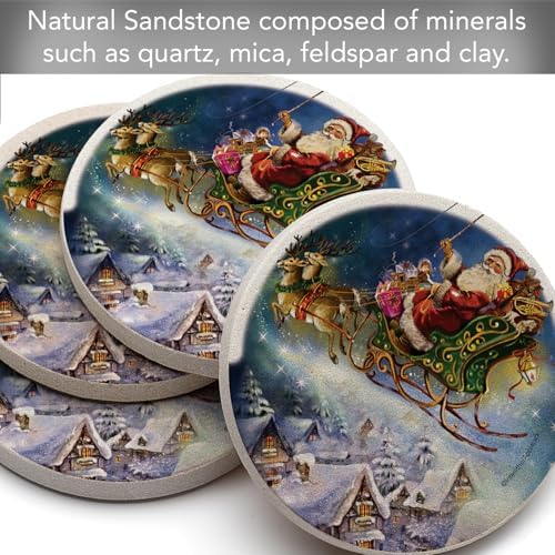 Thirstystone Santa’s Sleigh Natural Sandstone Coaster 4 Pack Eco-Friendly, Absorbent, Easily Wipes Clean | 4" Diameter, Manufactured in the USA