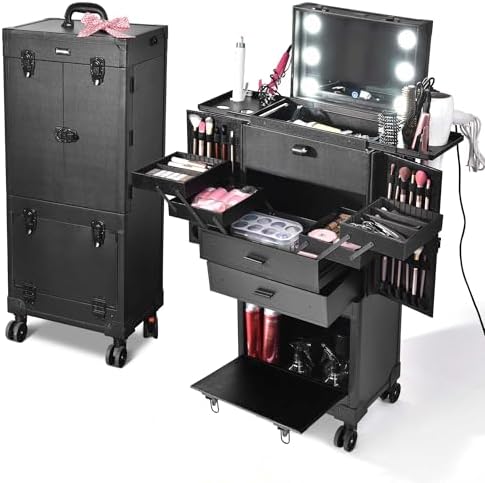 BYOOTIQUE Rolling Makeup Case with Lighted Mirror Hairstylist Station | Salonwith 2 Drawer,4 Trays,Hair Dry Holder,Professional Hairdressing Case,Beauty Salon Cart,Portable Vanity,Mobile