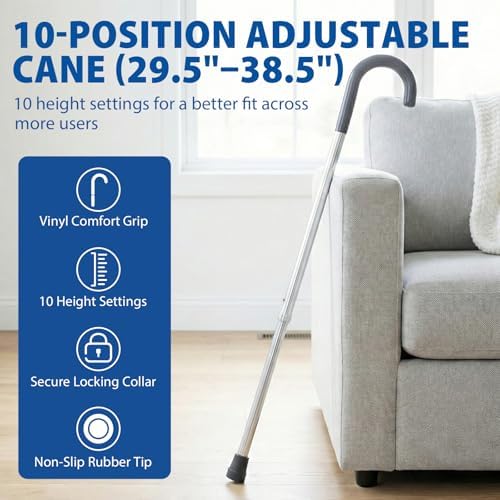 Blue Jay Adjustable Walking Cane for Men & Women - Lightweight Aluminum Walking Stick for Seniors & Elderly - Sturdy Non-Folding Cane with Ergonomic