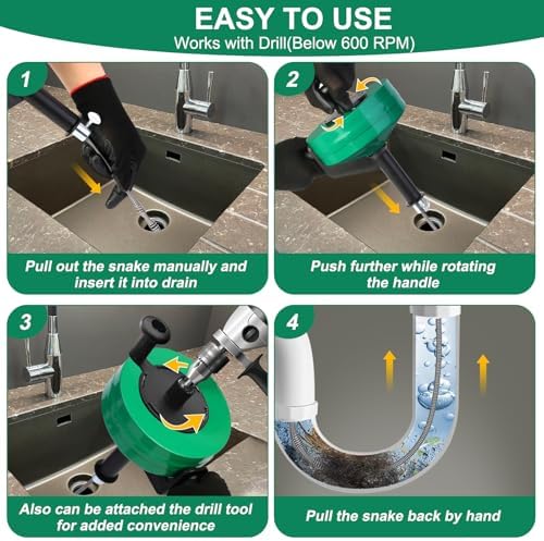 Wayona Drain Snake 50 FT, Plumbing Snake for Sink Snake Drain Clog Remover, Drain Snake with Drill Attachment with Bag Gloves Cleaning Brush