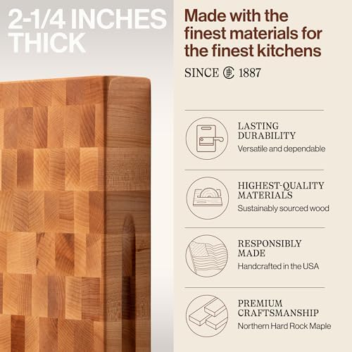 John Boos CCB Series Square Wooden Maple Cutting Board 18”x18” – 2.25” Thick, 22-lb Reversible Butcher Block with End-Grain & Finger Grips – Made in the USA