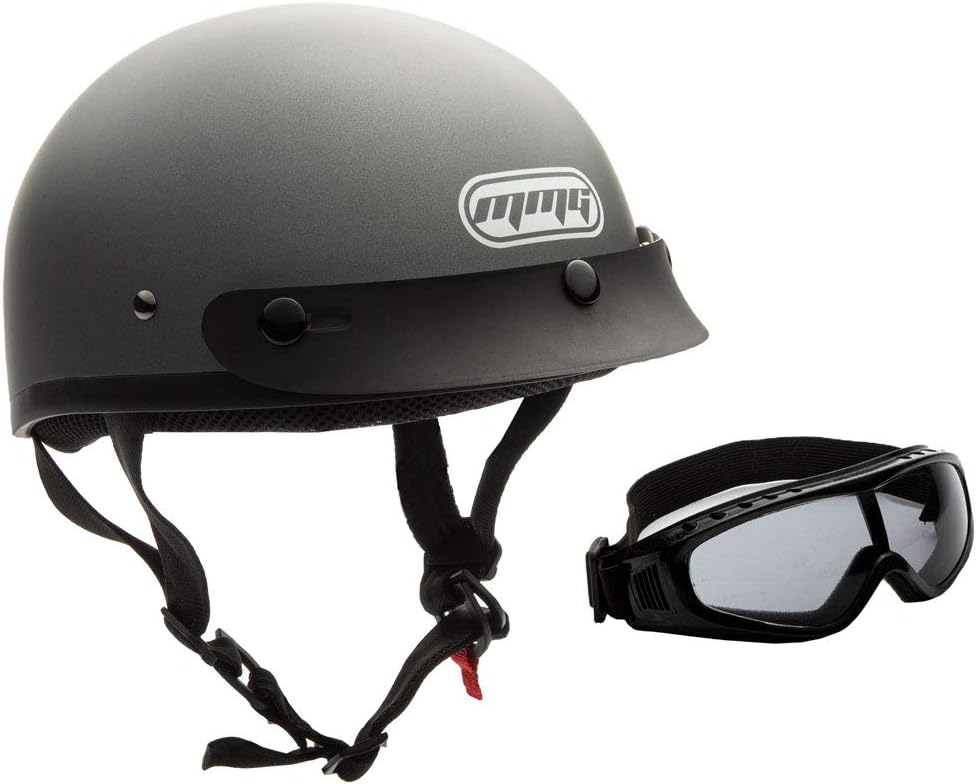 MMG Adult Half Shell Helmet, Motorcycle/Scooter/Moped, Matte Gray, Medium | Lightweight Polycarbonate/ABS half shell, goggles included. Padded washable liner, double D-ring strap. DOT FMVSS-218.