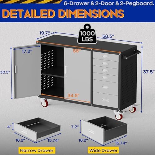Eltean 55" W Rolling Workbench with 6 Drawers and Storage Cabinet, 1000 LB Capacity Heavy Duty Work Bench with Pegboard and Adjustable Shelf