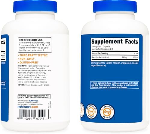 Nutricost Niacinamide (Vitamin B3) 500mg, 240 Capsules, Flush Free | Gluten-Free, GMO-Free