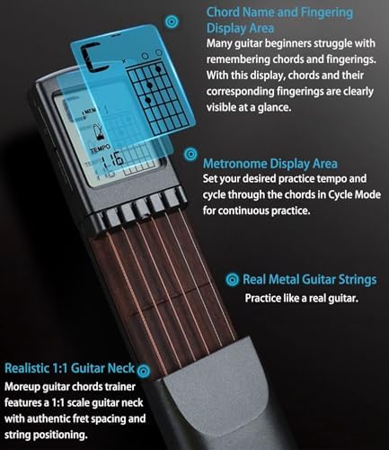 Pocket Guitar Chord Practice Tool, Portable Guitar Neck for Trainer Beginner w/a Rotatable Chords Chart Screen Battery Included