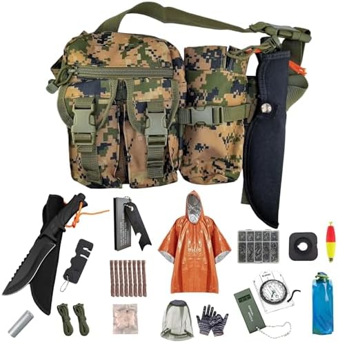 Camping Survival Kit, All in One Outdoor Emergency Gear with Knife, Fire Starter, Fishing Kit, Water Pouch & Compass for Hiking Backpacking Bushcraft Gift for Him