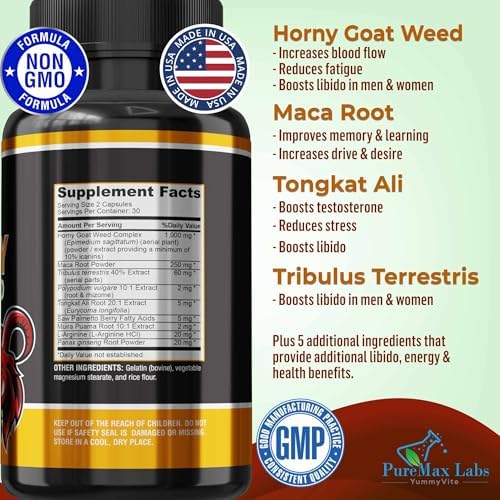 YUMMYVITE Horny Goat Weed Extra Strength Blend, w. Maca, Arginine, Ginseng, Tribulus, Tongkat, Libido, Stamina, Energy Support, Non-GMO Formula