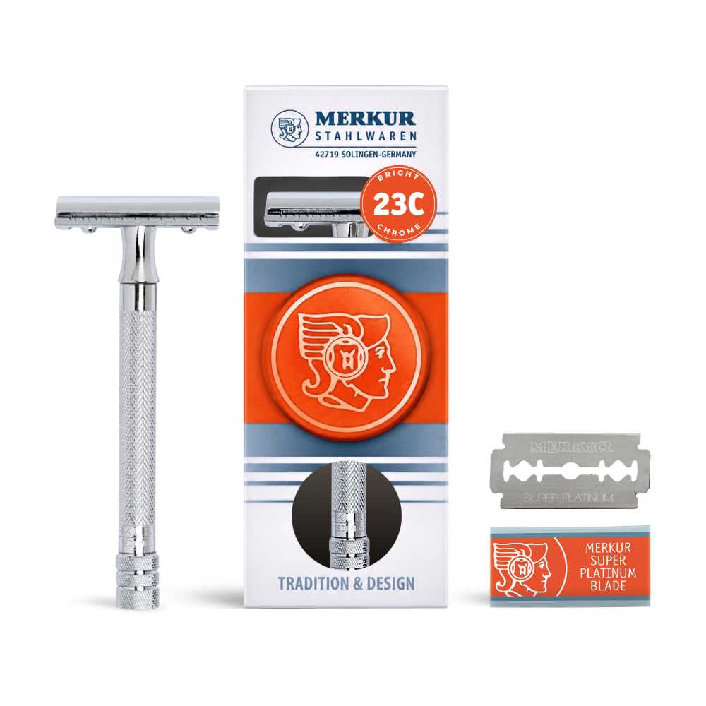 MERKUR 23C Double Edge Safety Razor - Polished Chrome, Long Knurled Brass Handle, Made in Germany, Plastic-Free, Three Piece Design, Closed Comb, Straight Bar