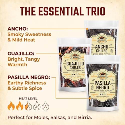 Dried Chile Peppers Variety 3x4oz Ancho Guajillo Pasilla Mexican Chili | Ancho: sweet smoky. Guajillo: fruity. Pasilla: earthy tangy. Whole pods for