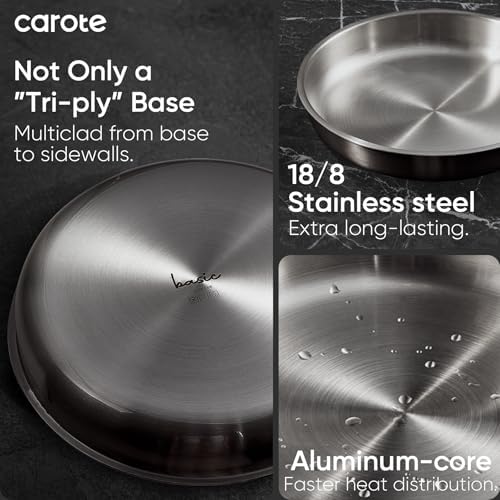 CAROTE 15pcs Tri-Ply Stainless Steel Cookware Set with Detachable Handle | Pots and Pans Set, Even Heating, Non-Toxic, Induction Compatible