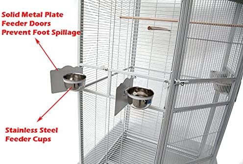64" Extra Large Corner Bird Flight Breeding Wrought Iron Rolling Parrot Cage Side Solid Metal Plate Feed Doors Pull Out Removable Grate and Tray