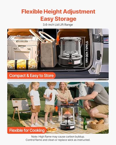 VEVOR 9000 BTU Portable Kerosene Heater & Stove, 2 in 1 Non-Electric Indoor Outdoor Heater with Adjustable Height & Flame & Easy Storage, for Camping