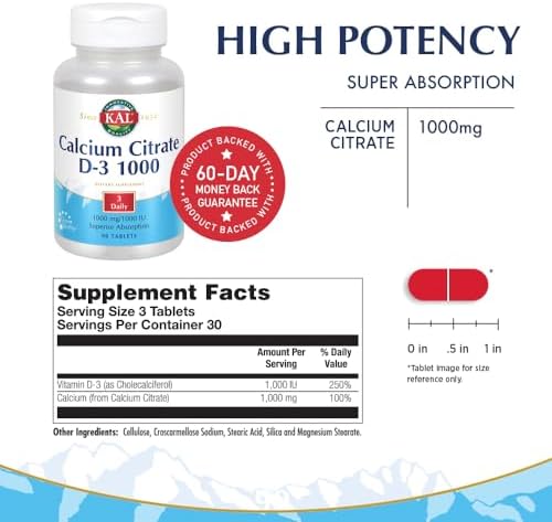 KAL Calcium Citrate Supplement with Vitamin D3 - 1000 IU Vitamin D3, Healthy Bone & Muscle Function Support for Men and Women, Quick Dissolving Tablets - 180 Count Tablets