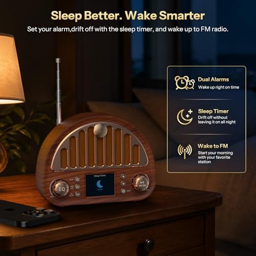 Retro FM Radio with NOAA Weather Alert & Bluetooth Speaker | 40 FM + 7 Weather Band Presets, 2" Color Display, Dual Alarm, Sleep Timer