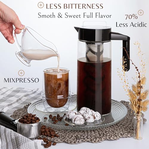 Mixpresso Cold Brew Coffee Maker, 44 Oz Glass Cold Brew Pitcher with Filter | Iced Coffee & Tea Maker with Reusable Mesh Filter