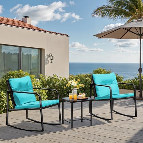 Greesum 3 Pieces Rocking Wicker Bistro Set,Patio Conversation Sets,Beige