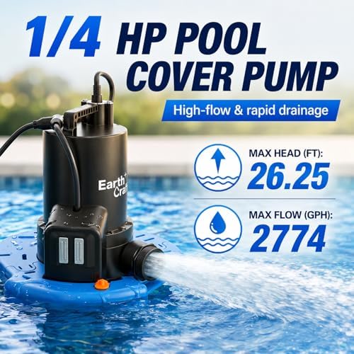 1/4 HP Pool Cover Pump, Automatic On/Off 2774 GPH Submersible Water Pump with 25FT Power Cord, Check Valve & Hose Adapters for Swimming Pools
