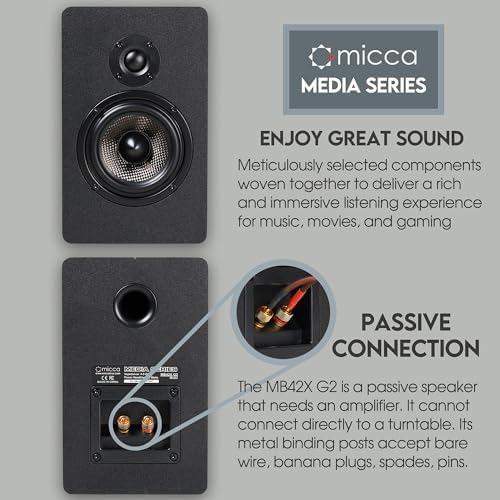 Micca MB42X Advanced 2-Way Passive Bookshelf Speakers, Stereo Pair, Black | Amplifier Required, 4-Inch Carbon-Fiber Woofer, 0.75-Inch Silk-Dome Tweeter, Desktop, Home Theater, Surround Sound