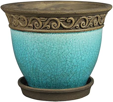 Southern Patio Cadiz 8 Inch Diameter Crackled Glazed Ceramic Indoor Outdoor Garden Planter Pot Urn with Saucer for Flowers, Herbs, and Plants, Teal