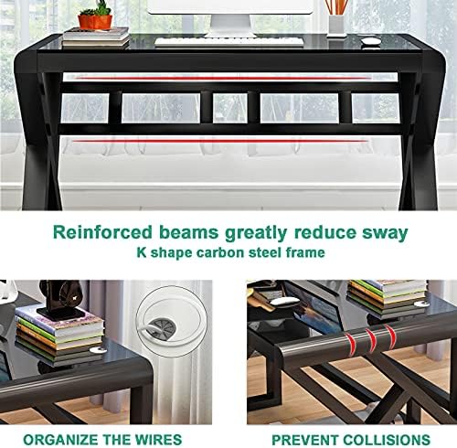 BINGTOO Glass Top Computer Desk with Metal Frame - Modern Simple Workstation for Home Office, Gaming, Writing, Study & Work, Black