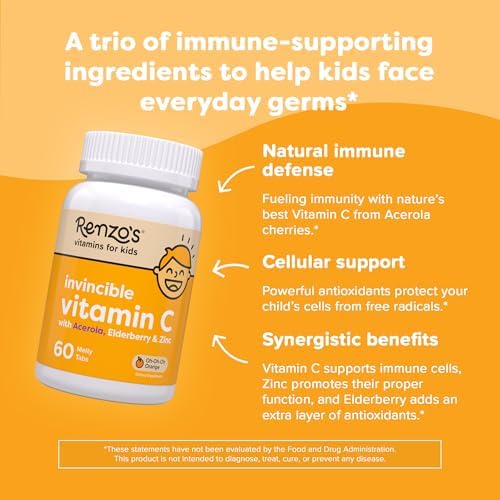 Renzo's Invincible Kids Vitamin C with Elderberry Vitamin C and Zinc, Dissolvable Kids Vitamins for Immune Support, Sugar-Free Melty Tabs