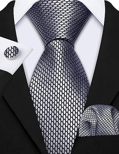 Barry.Wang Plaid Ties for Men Silk Necktie Handkerchief Cuff Links Set
