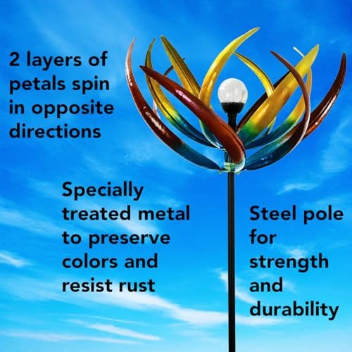 Bits and Pieces Tulip Wind Spinners Outdoor Solar Lighted Metal Wind Spinner, Large Kinetic Garden Sculptures, Crackle Glass Light