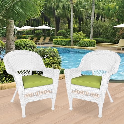 Jeco Wicker Chair with Green Cushion, Set of 2, White/W00206-