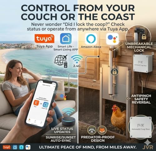 JVR WiFi Chicken Coop Door, App Alexa Control, Sunrise Sunset, Anti-Pinch