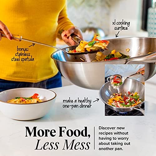 Willow & Everett Stainless Steel Flat Bottom Wok Pan, Professional Traditional Stir Fry Cookware w/Domed Lid & Spatula